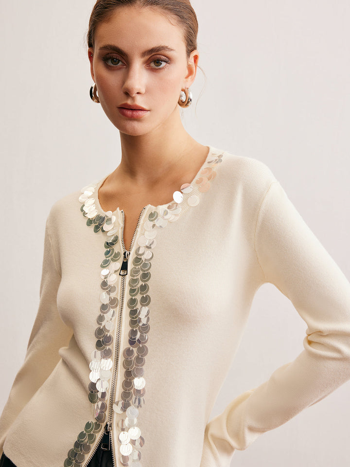 Gösterişli İki Yönlü Fermuarlı Payetli Hırka ile Zamansız Stil