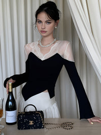 Стилна асиметрична тясна блуза с елегантни дантелени панели 