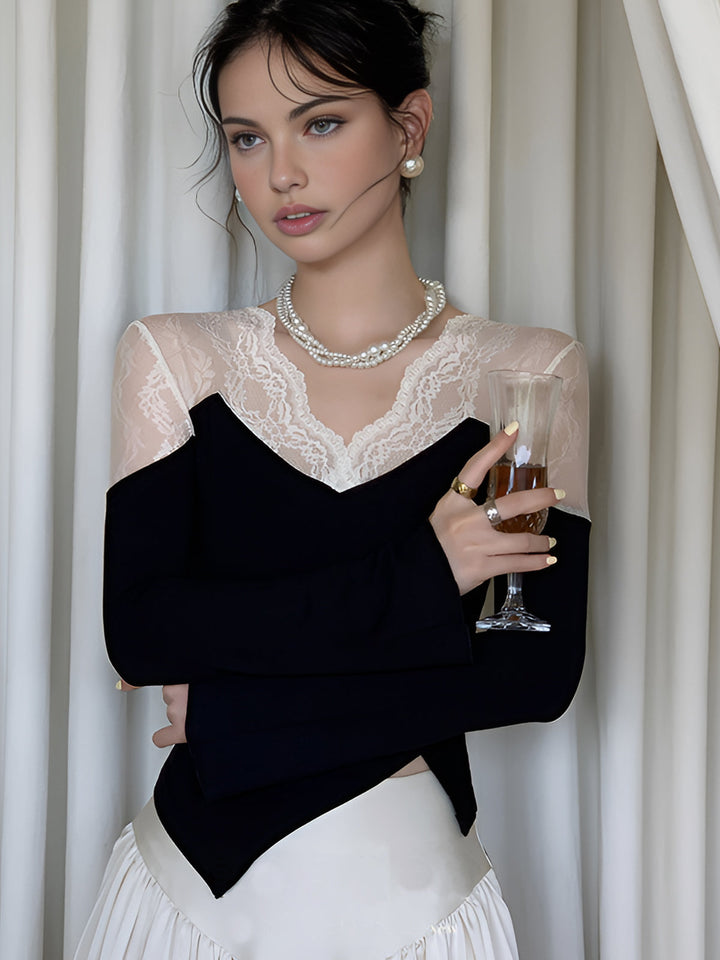 Стилна асиметрична тясна блуза с елегантни дантелени панели 