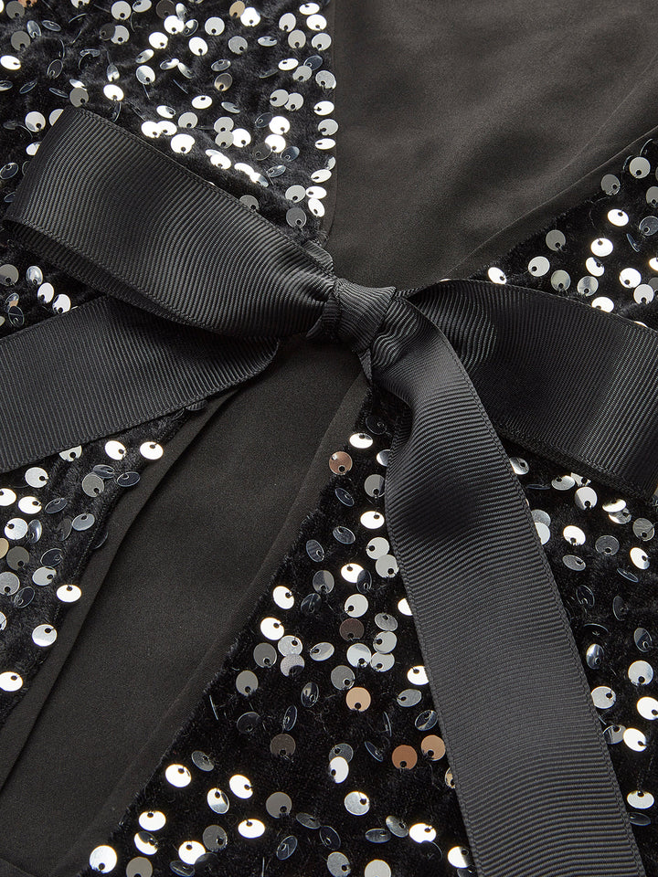 Блестяща блуза с V-образно деколте и панделка