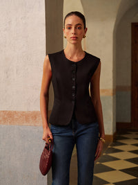 Şık Yırtmaç Düğmeli Yuvarlak Yaka Yelek