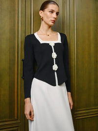 Şık 3D Çiçek Desenli Triko Üst, Şık Kontrast Dikiş ile