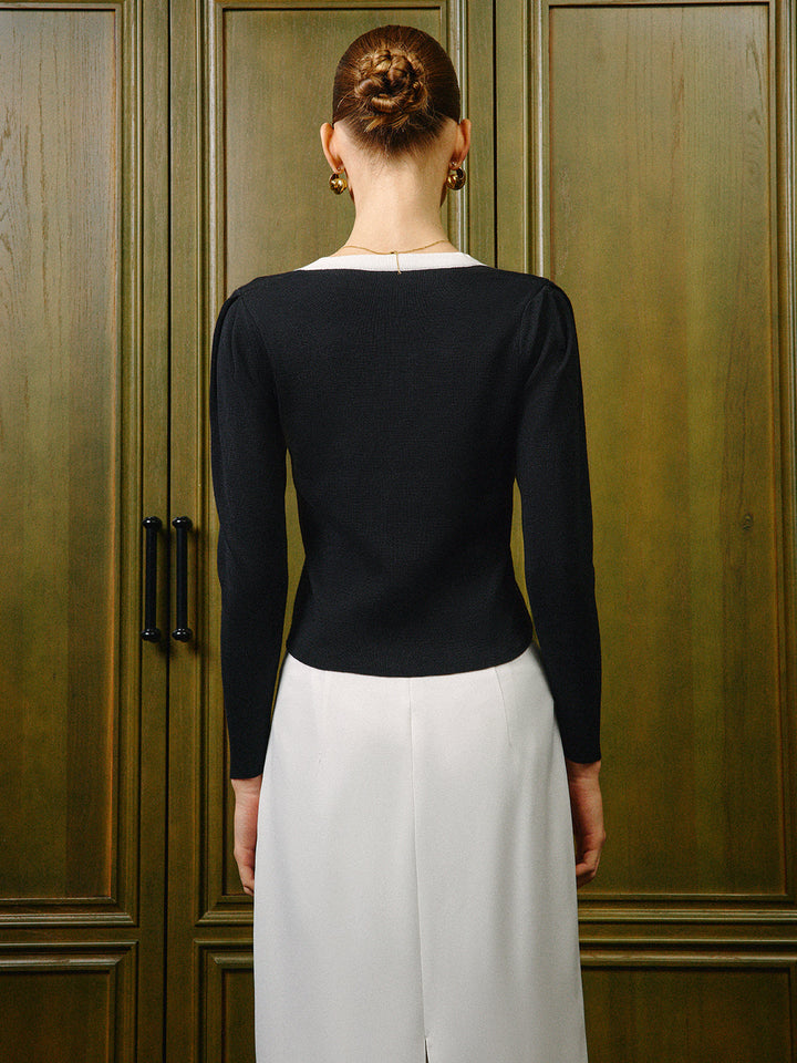 Şık 3D Çiçek Desenli Triko Üst, Şık Kontrast Dikiş ile