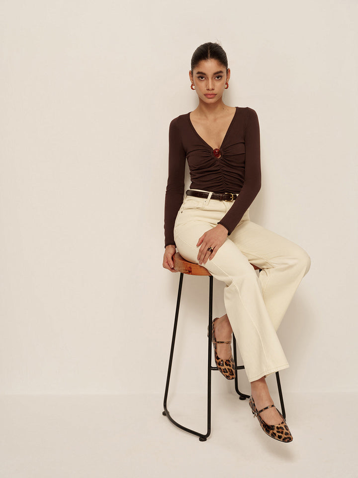 Şık V-Yaka Kesik Detaylı Plise Dar Kesim Triko Üst