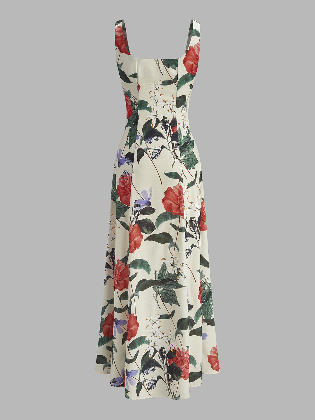 Çiçek Desenli Kısa Kol Fermuarlı Elbise, Kare Yaka