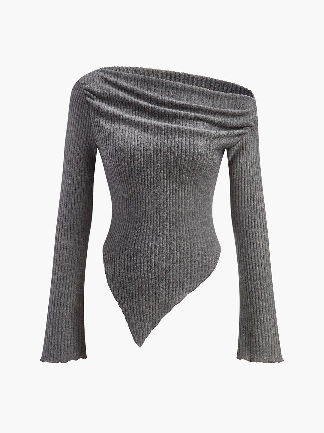 Стилен асиметричен плетен топ с прилепнала кройка и голи рамене
