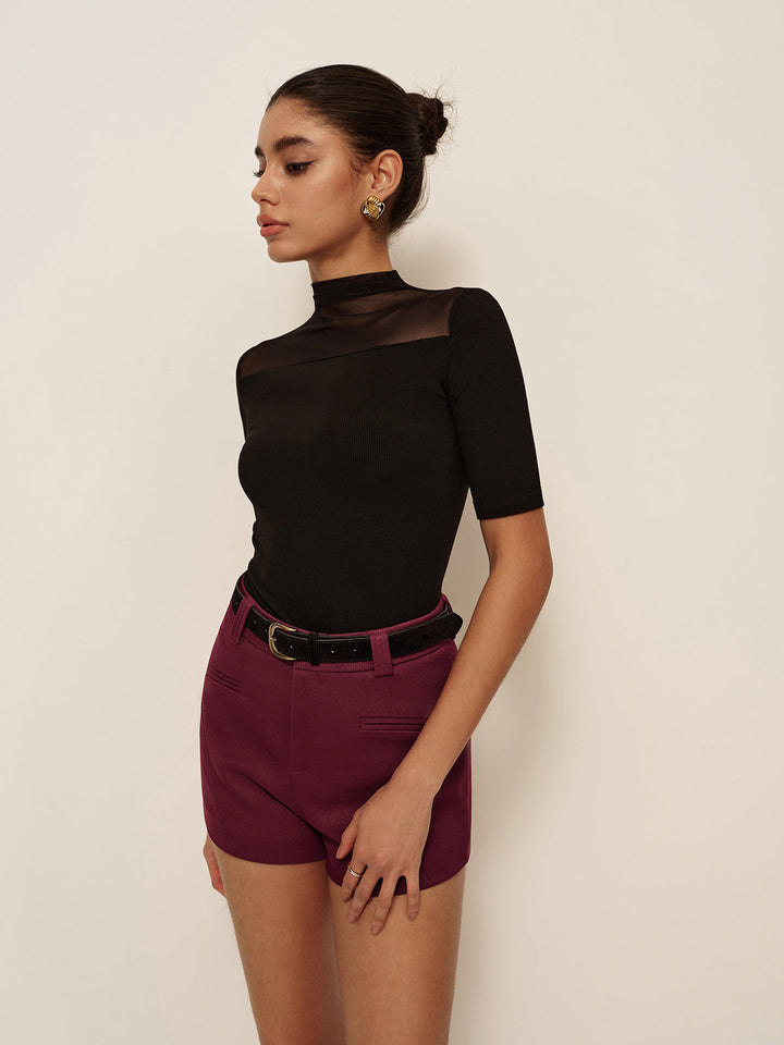 Şık Şeffaf Omuzlu Dar Kesim Kısa Kollu Tişört