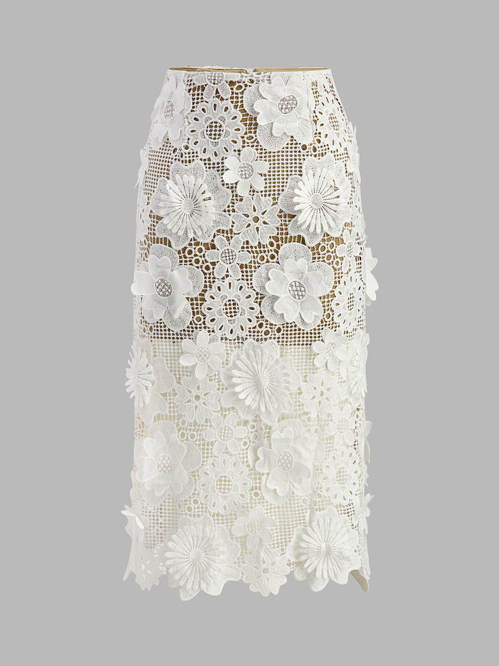 Şık Asimetrik Çiçek Desenli Dantel Üst ve Etek Takımı