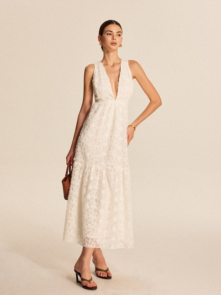 Şık Boho Derin V-Yaka Dantel Abiye Elbise