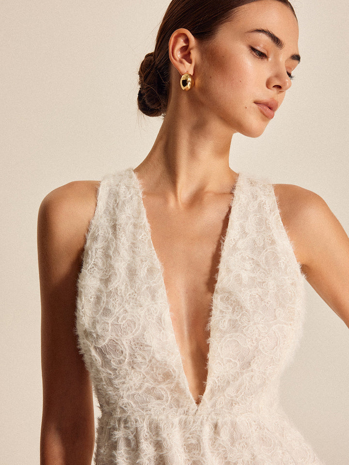 Şık Boho Derin V-Yaka Dantel Abiye Elbise