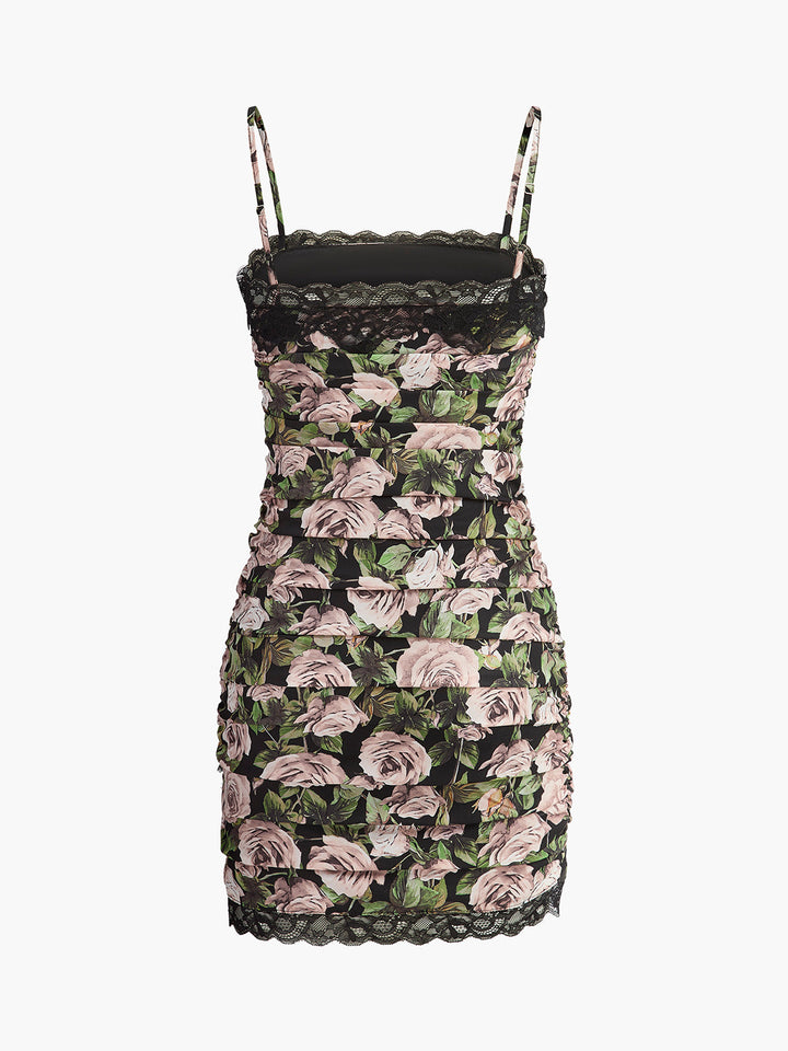 Şık Çiçekli Dantel Detaylı Volan Elbise