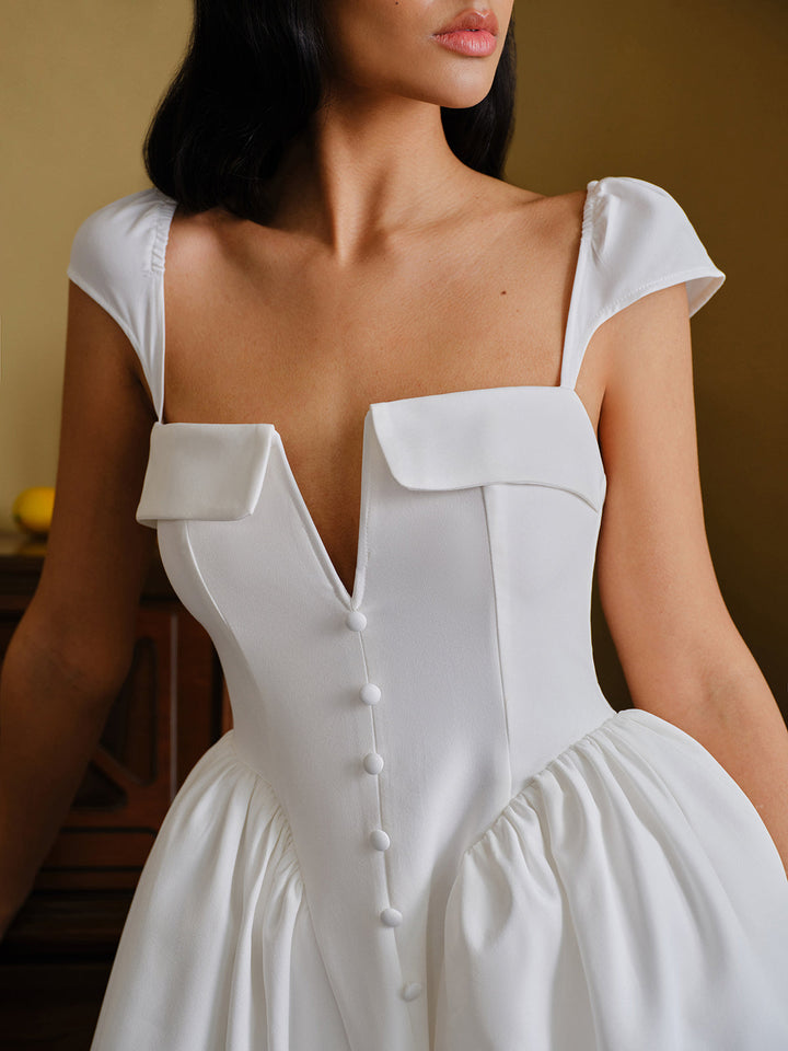 Çekici Düğmeli Kalp Yaka Balon Kol Abiye Elbise