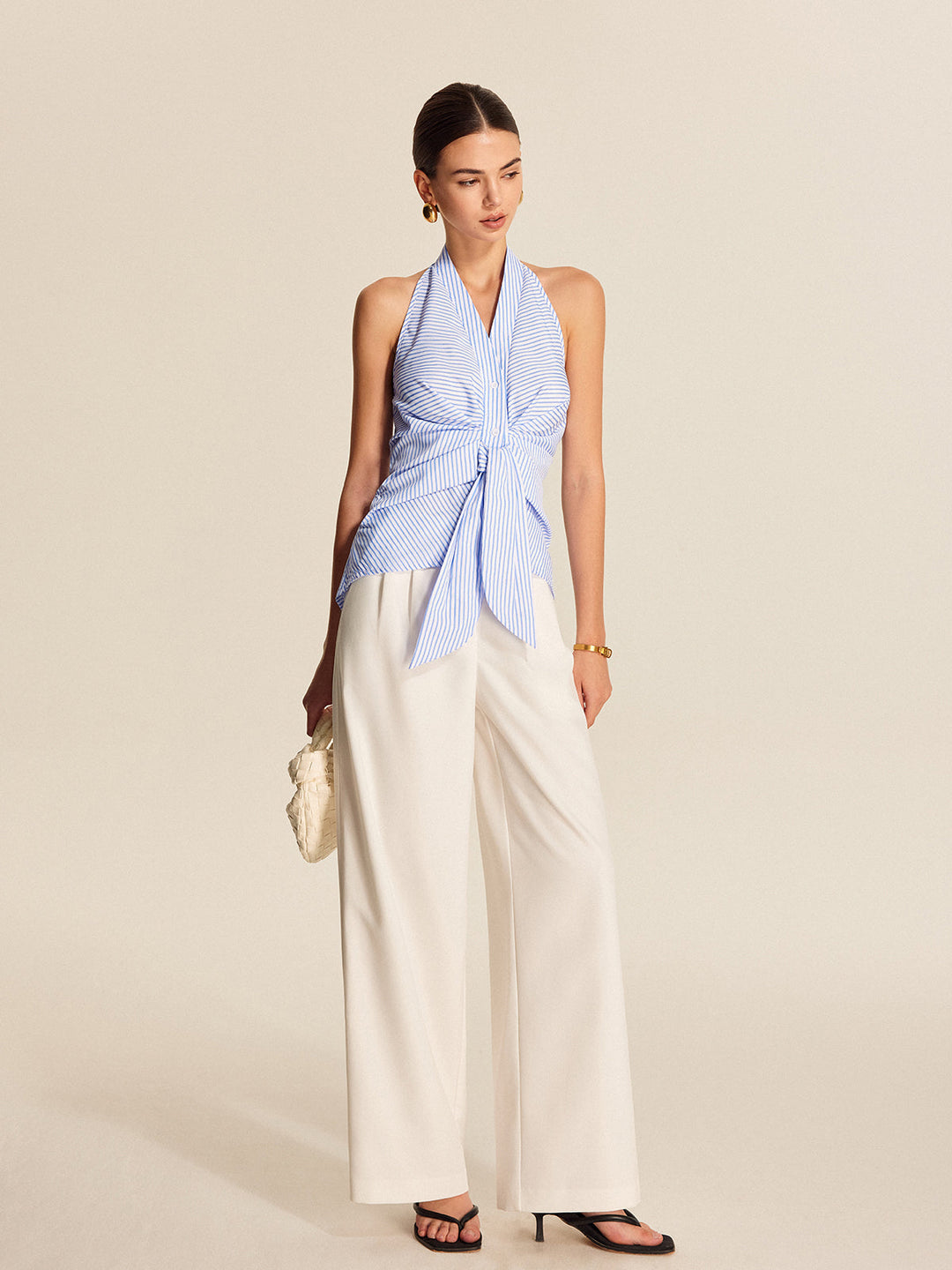 Şık Çizgili Halter Yaka Kravat Bluzu