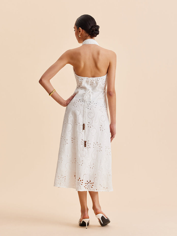 Şık Halter Yaka Göz Detaylı Kemerli Abiye Midi Elbise