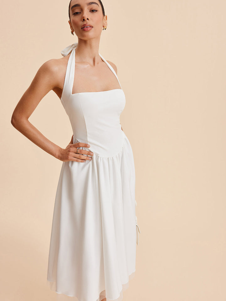 Şık Halter Sırt Dekolteli Kolsuz Abiye Elbise Fermuar Detayı ile