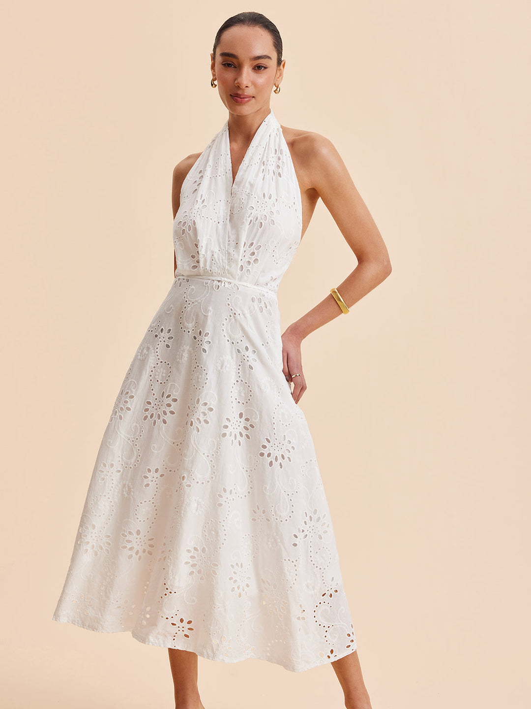 Şık Halter Yaka Göz Detaylı Kemerli Abiye Midi Elbise