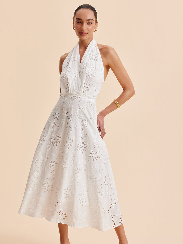 Şık Halter Yaka Göz Detaylı Kemerli Abiye Midi Elbise