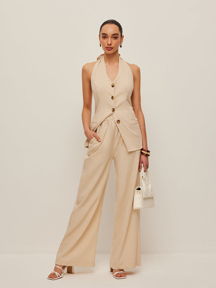 Şık Halter Yaka Fiyonk Detaylı İki Parça Pantolon Takımı