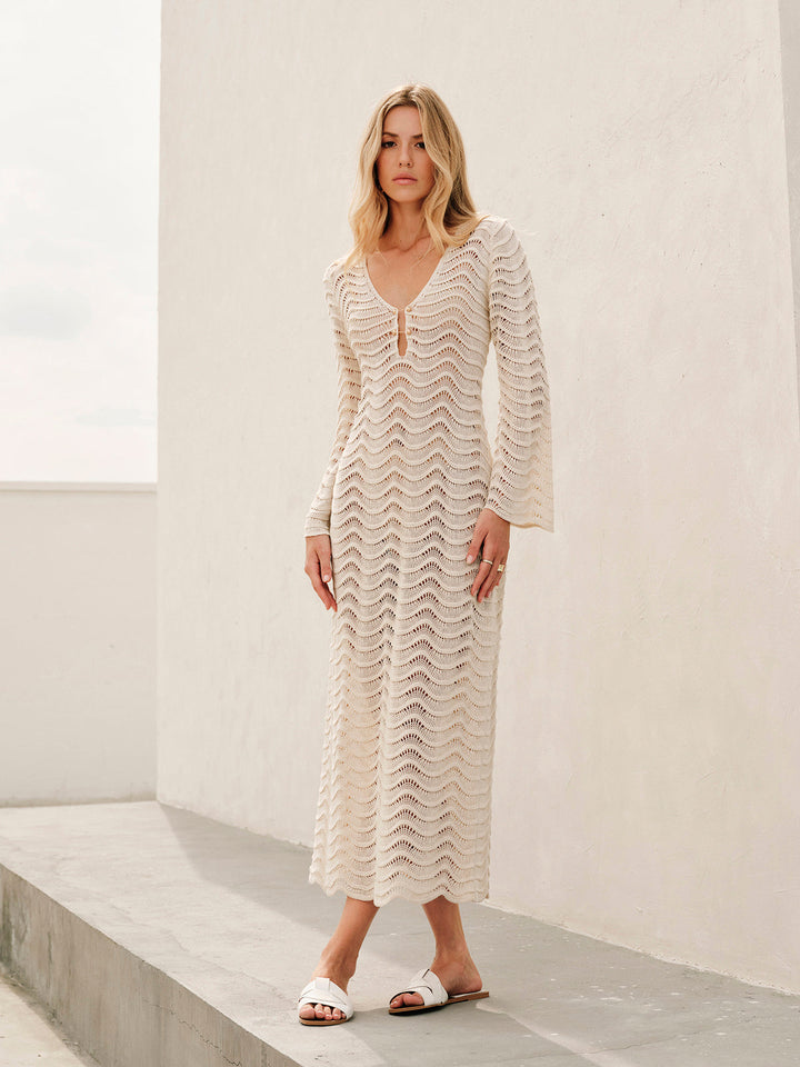 Şık Kesik Detaylı Bağcıklı Metalik Süveter Elbise