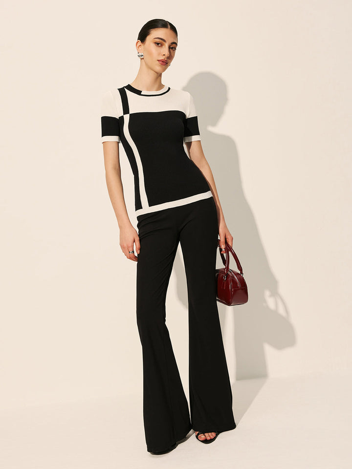 Şık Renk Bloklu Ribana Örgü Üst