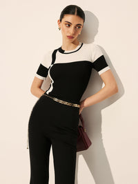 Şık Renk Bloklu Ribana Örgü Üst