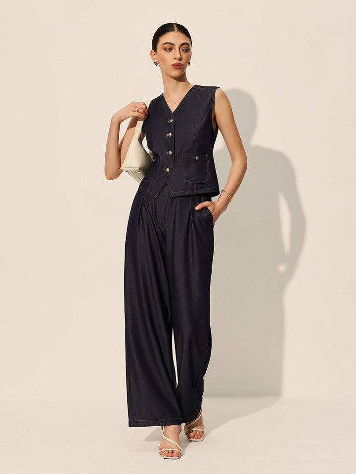 Şık Düğmeli Cepli Jean Yelek