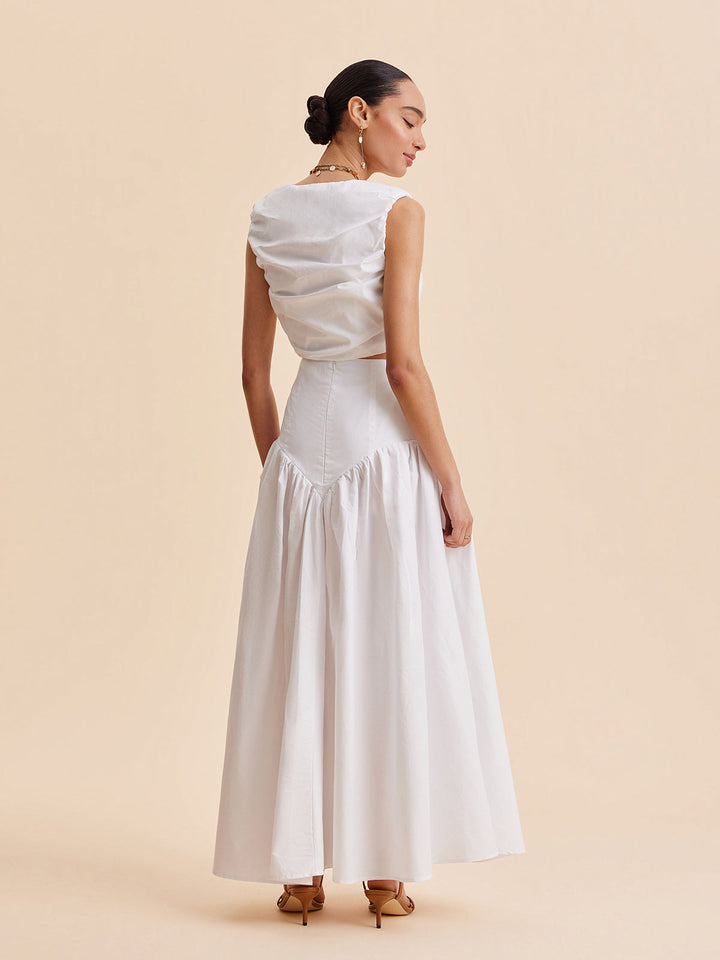 Şık Pileli Kısa Üst ve Şık Düğmeli Etek Takımı