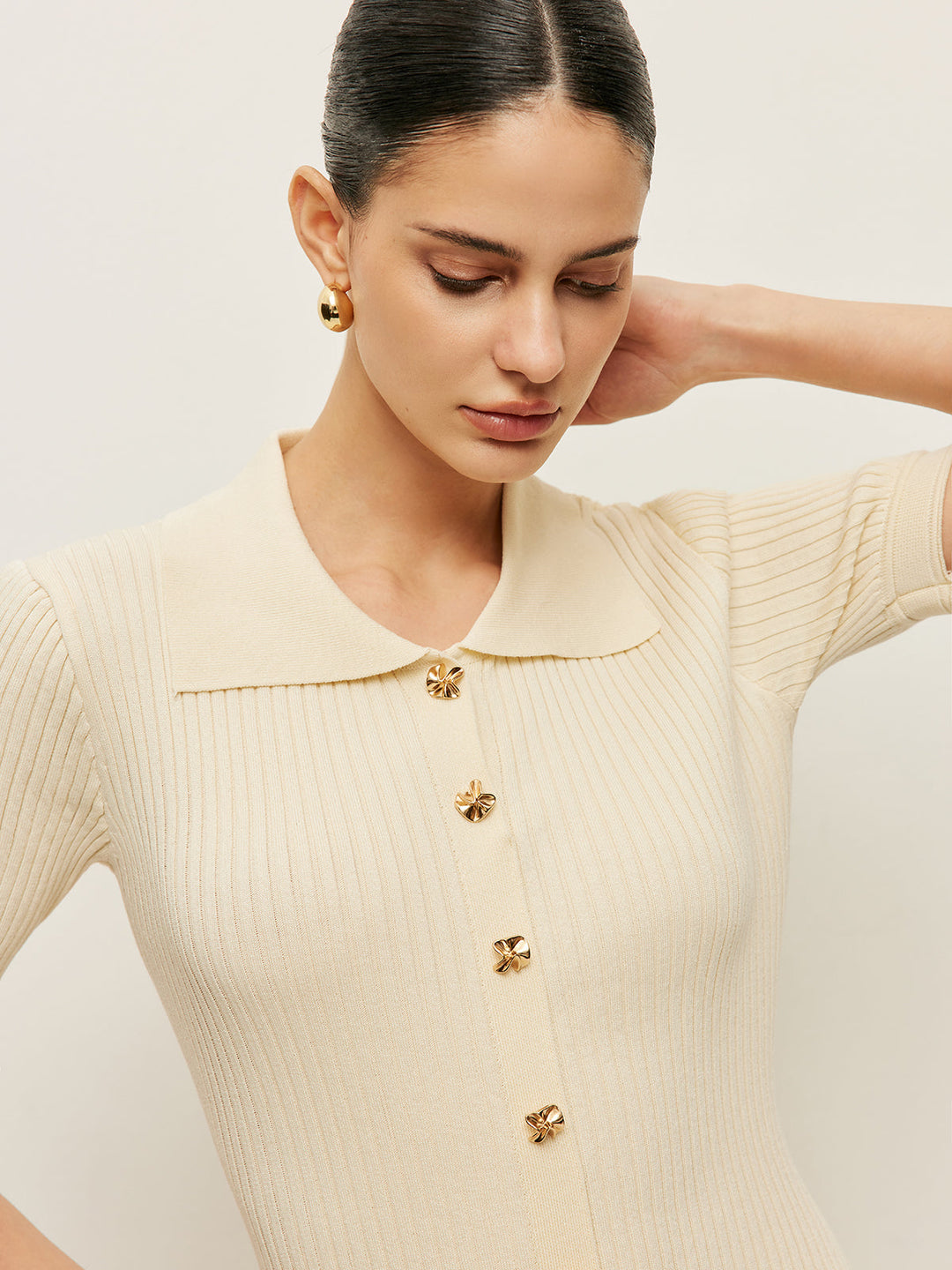 Şık Örgü Polo Abiye Elbise Delik Düğme Detayı ile