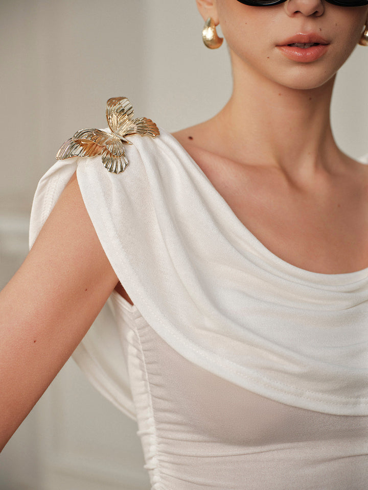 Şık Metalik Kelebek Yaka Bluz