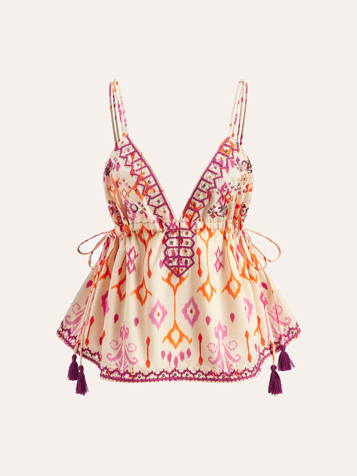 Şık Boho Nakışlı Askılı Bluz, Trendy Kordon Püsküllerle