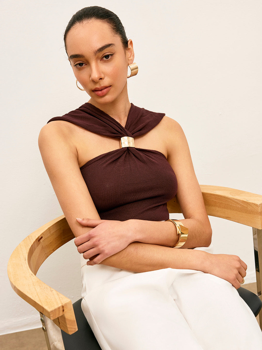 Şık Örgü Dokulu Dönme Ön Bluz, Şık Altın Detaylarla