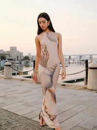 Şık Sırt Açık Halter Yaka File Elbise