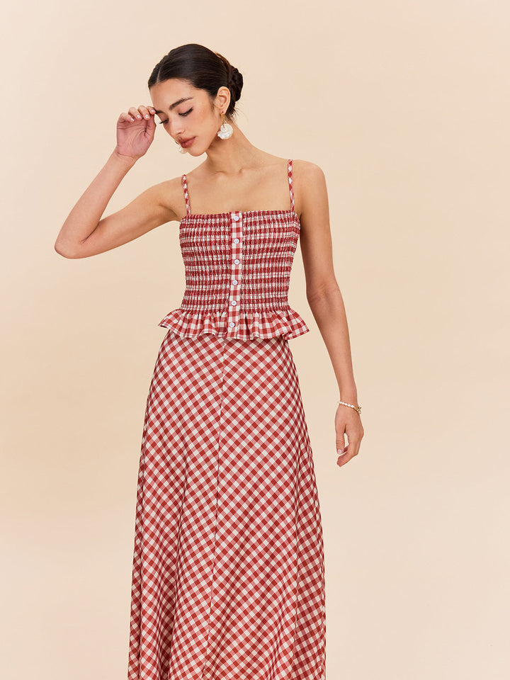 Şık Gingham Büzgülü Peplum Askılı Bluz