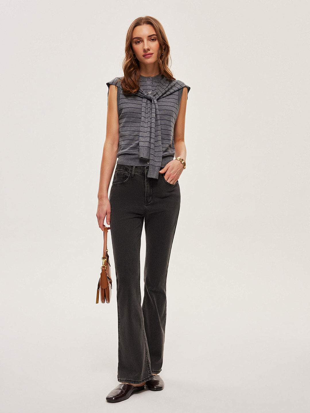 Şık 2'si 1 Arada Çizgili Düğmeli Kemerli Kolsuz Süveter