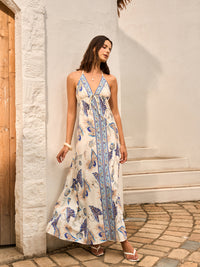 Şık Çiçek Desenli Dekoltesiz Halter Yaka Pantolonlu Elbise