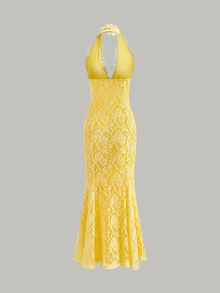 Şık Halter Yaka Çiçek Dantel Abiye Elbise Çarpıcı Bir Görünüm İçin