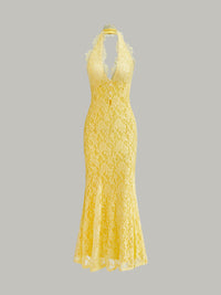 Şık Halter Yaka Çiçek Dantel Abiye Elbise Çarpıcı Bir Görünüm İçin