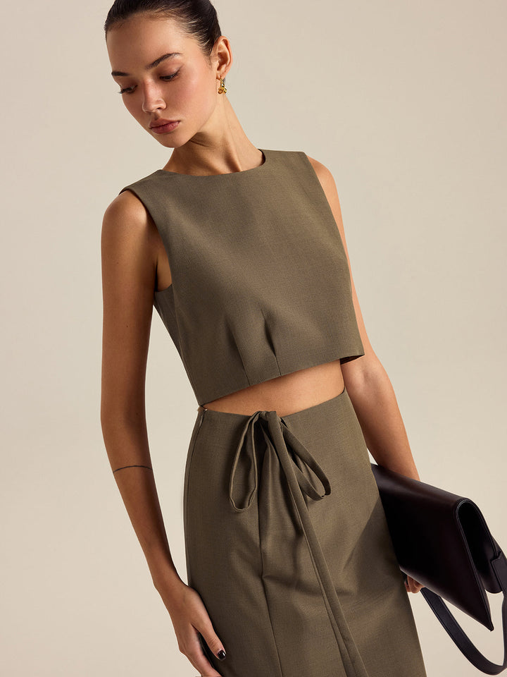 Yüksek bel kolsuz bisiklet yaka crop kesim şık bluz