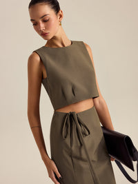 Yüksek bel kolsuz bisiklet yaka crop kesim şık bluz