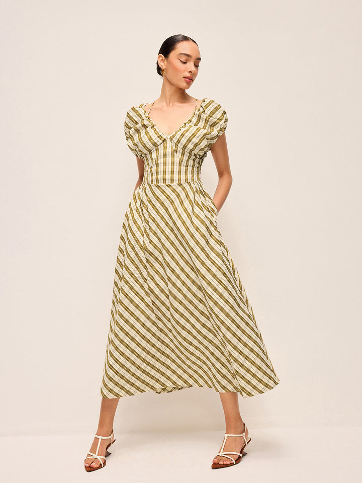 Kareli Elbise Kalp Yaka ve Balon Kollu, Bel Bağcıksız