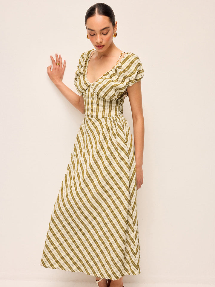 Kareli Elbise Kalp Yaka ve Balon Kollu, Bel Bağcıksız