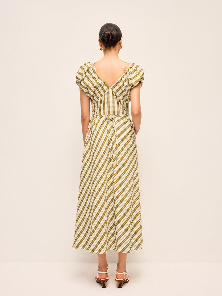 Kareli Elbise Kalp Yaka ve Balon Kollu, Bel Bağcıksız