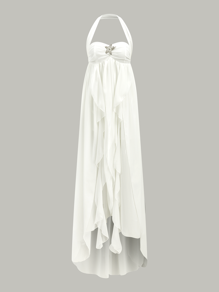 Katlı ve Açık Sırtlı Uzun Elbise