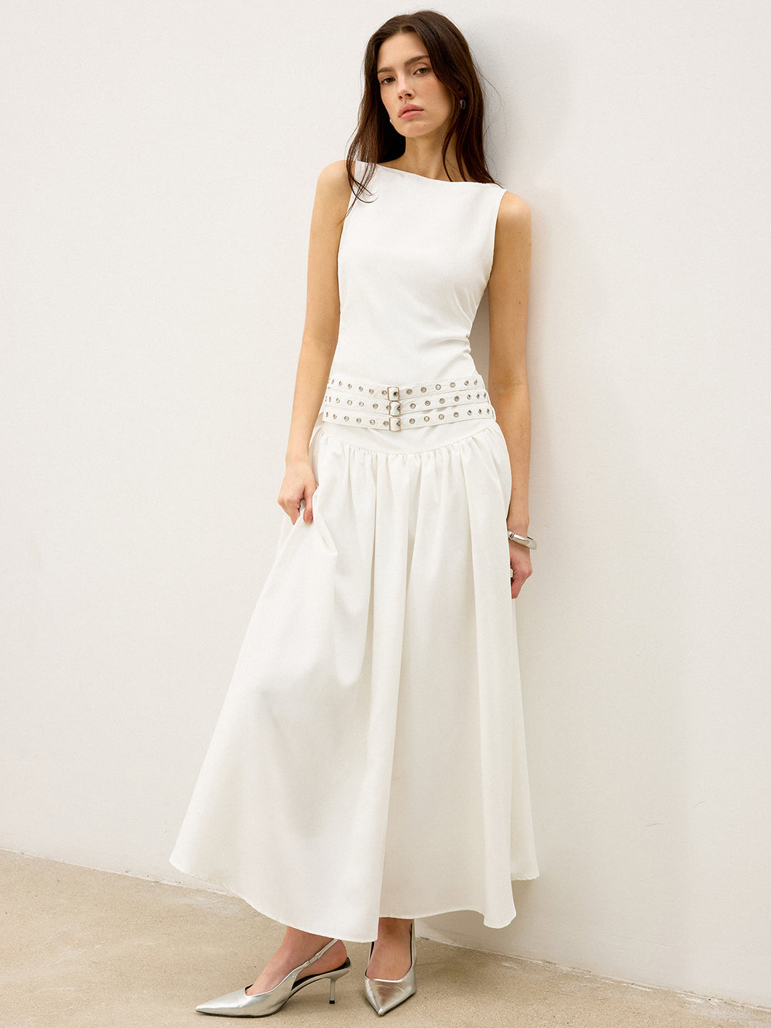 Botun Boyunlu Çok Kemerli Düşük Bel Abiye Maksi Elbise