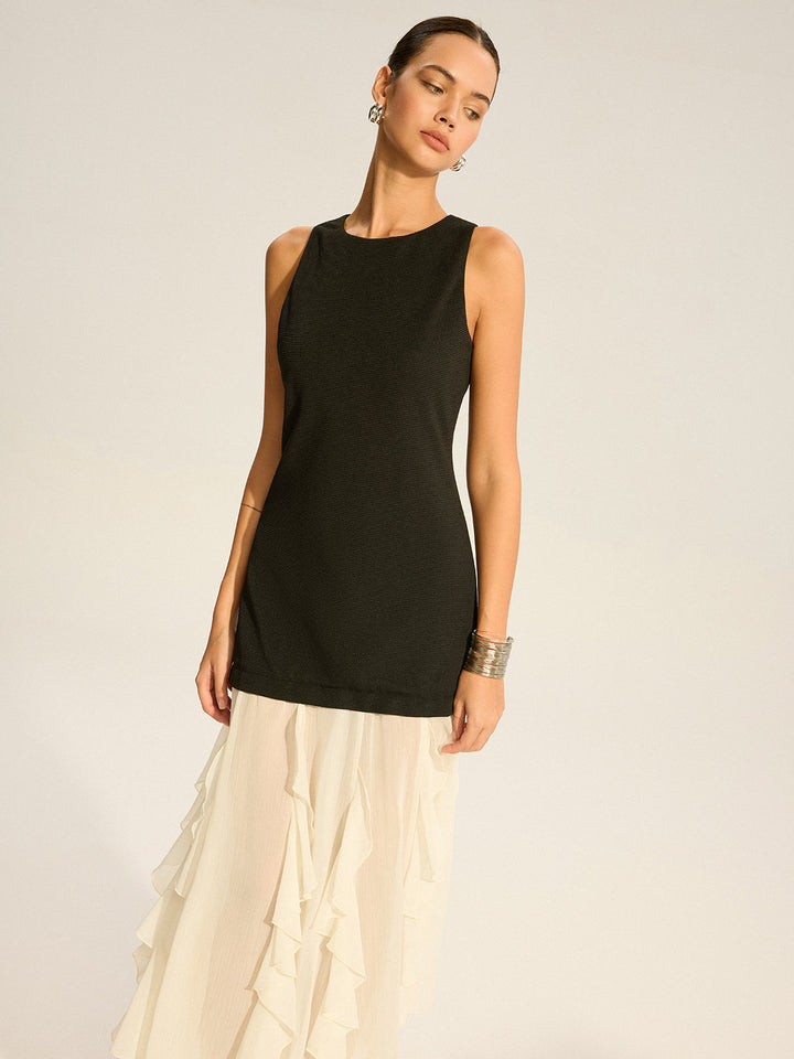 2'si 1 Arada Yarı Saydam Katlı Etekli Maxi Elbise