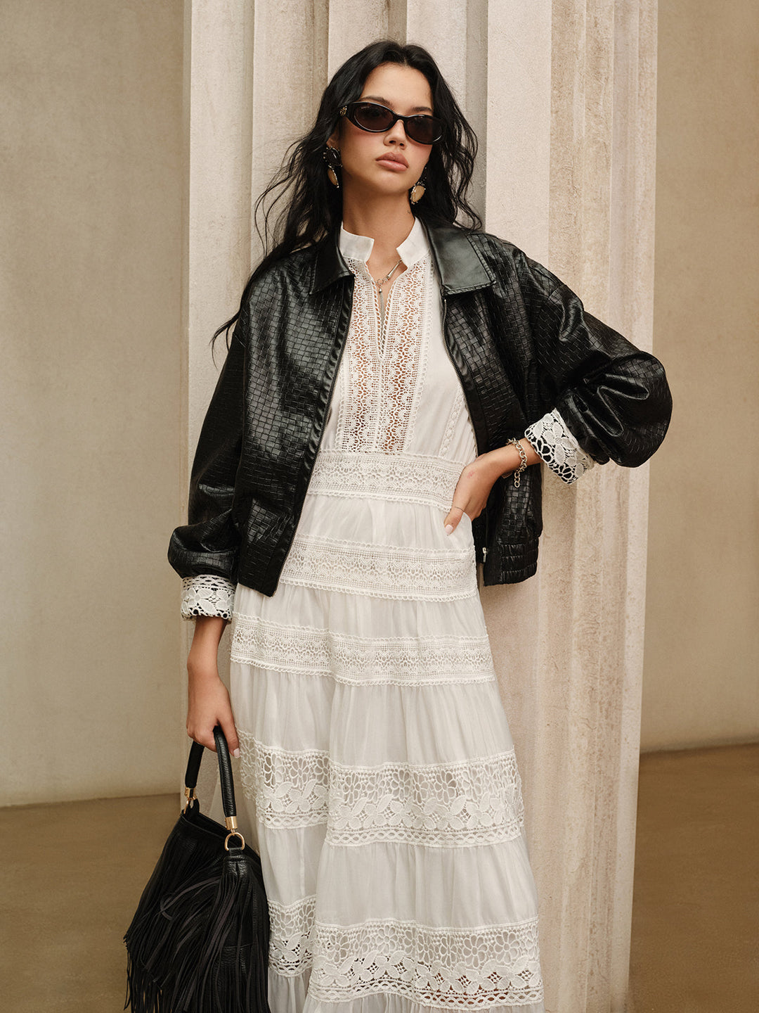 Yarım Durulukta Dantel Panelli Maxi Elbise Kemer Olmadan