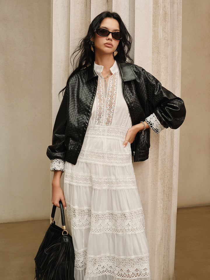 Yarım Durulukta Dantel Panelli Maxi Elbise Kemer Olmadan