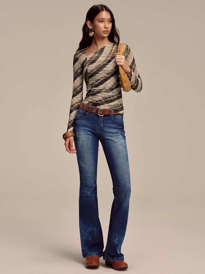 Yarı Şeffaf Ağı Mesh Asimetrik Büzgülü Bluz