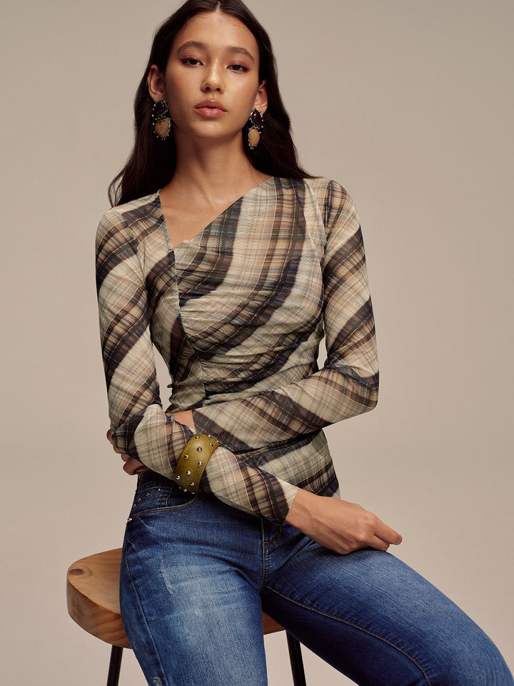 Yarı Şeffaf Ağı Mesh Asimetrik Büzgülü Bluz