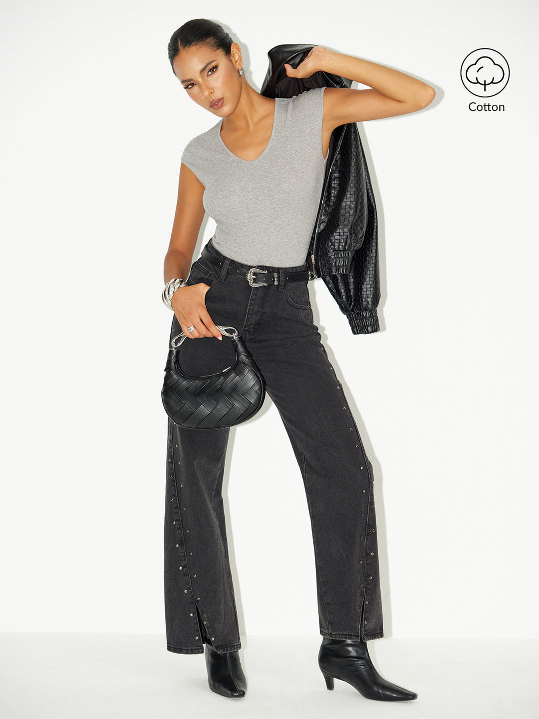 V Yaka Kap Asmalı Pamuk Karışımlı Bluz